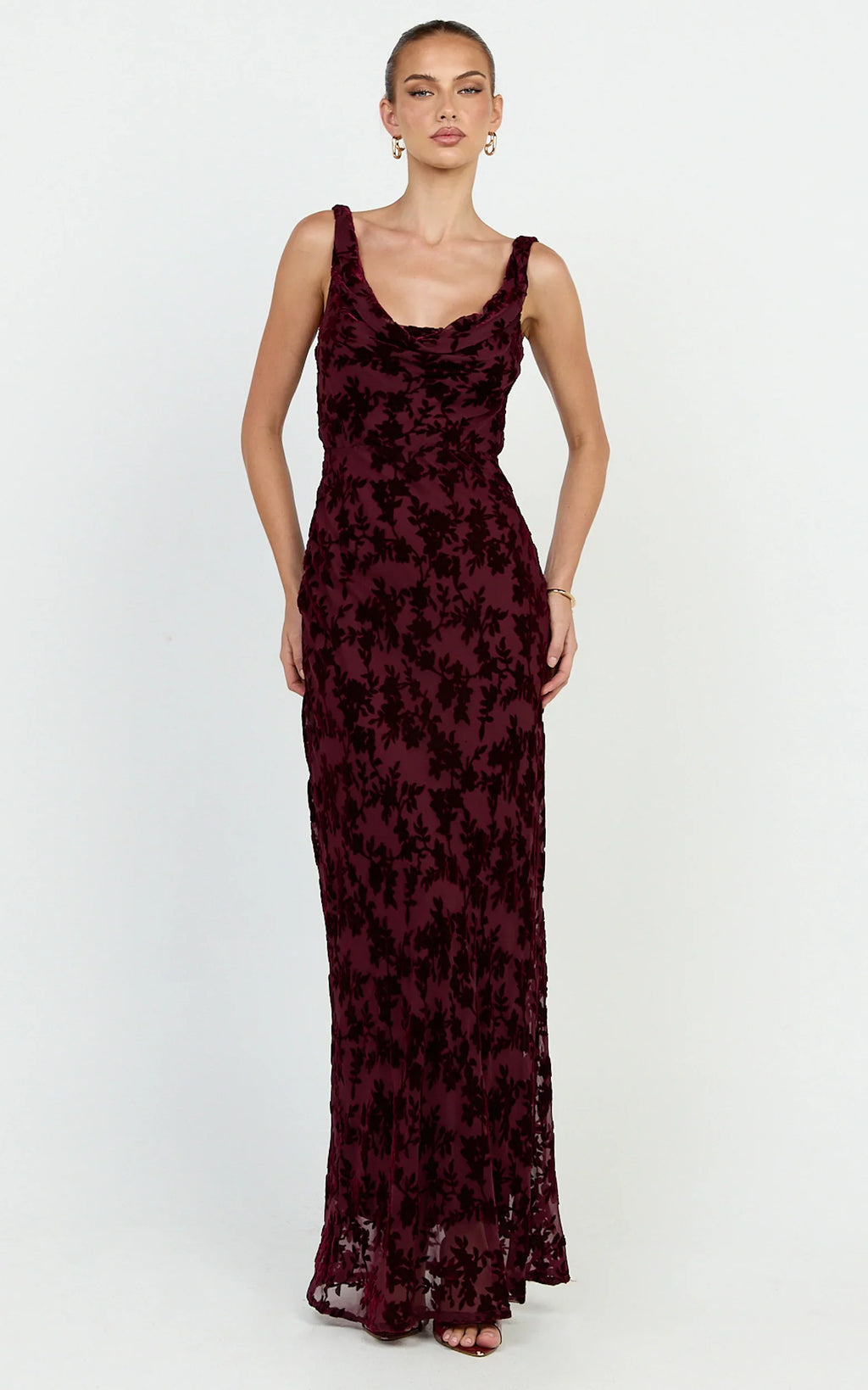 June Maxi Dress - Cowl Neck Scooped Back Slip Dress in Wine