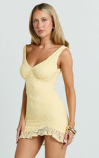 Judai Mini Dress - Lace Off Shoulder A Line Dress in Lemon