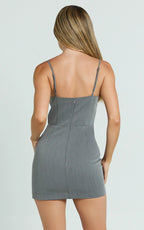 Tara Mini Dress - Lace Trim Sweetheart Neck Fitted Dress in Grey