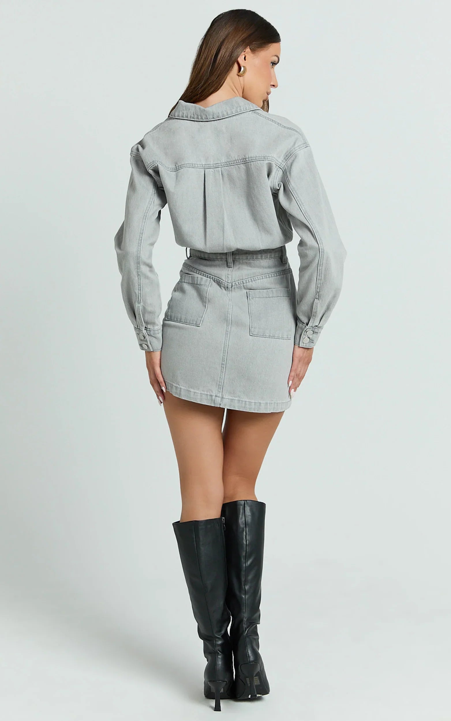 Kamala Mini Dress - Long Sleeve Button Through Denim Dress in Grey