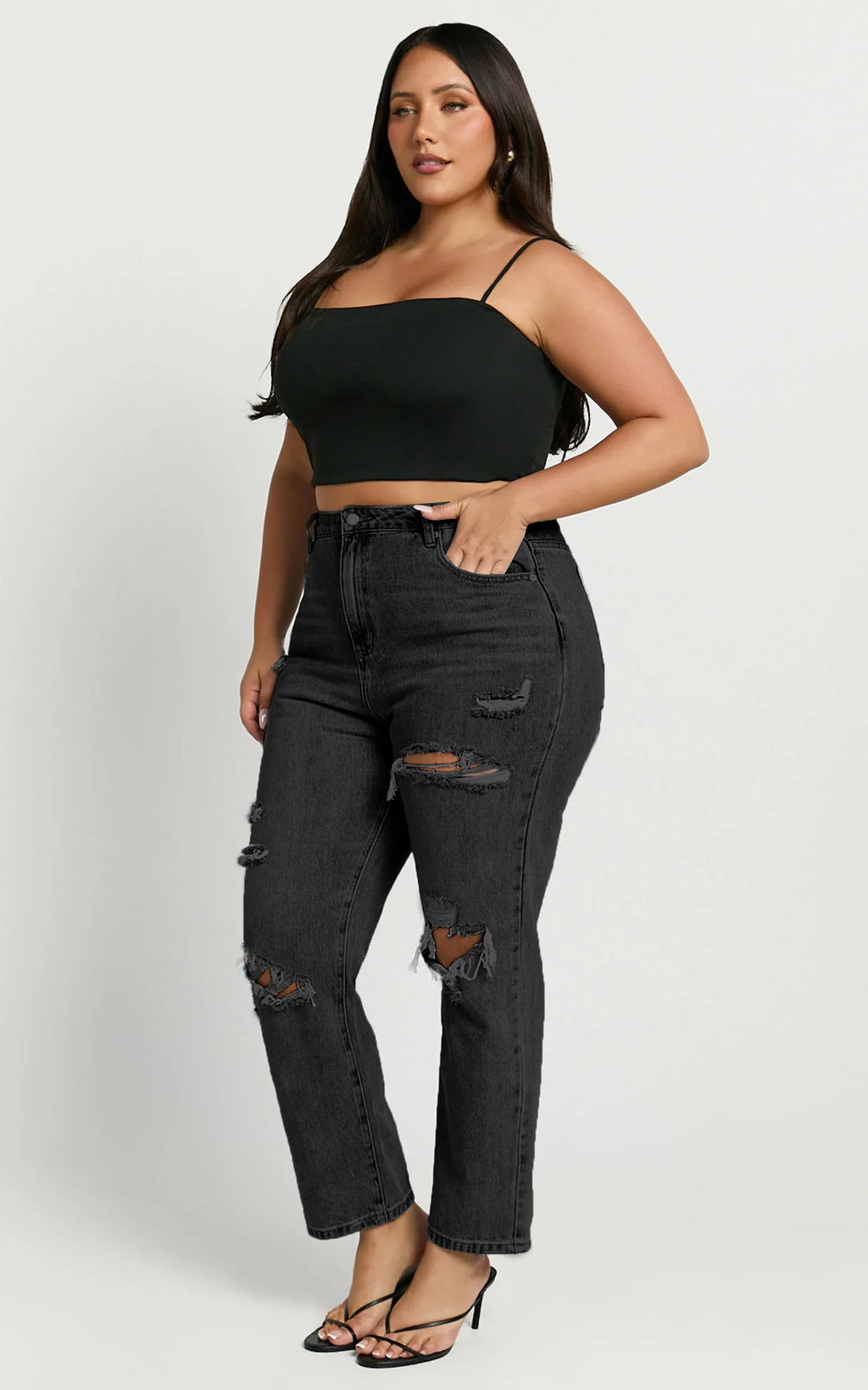 Billie Jeans - High Waisted Cotton Distressed Mom Denim Jeans in Black Wash
