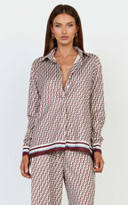 Noelle Top - Geo Border Print Button Front Long Sleeve Shirt in Multi