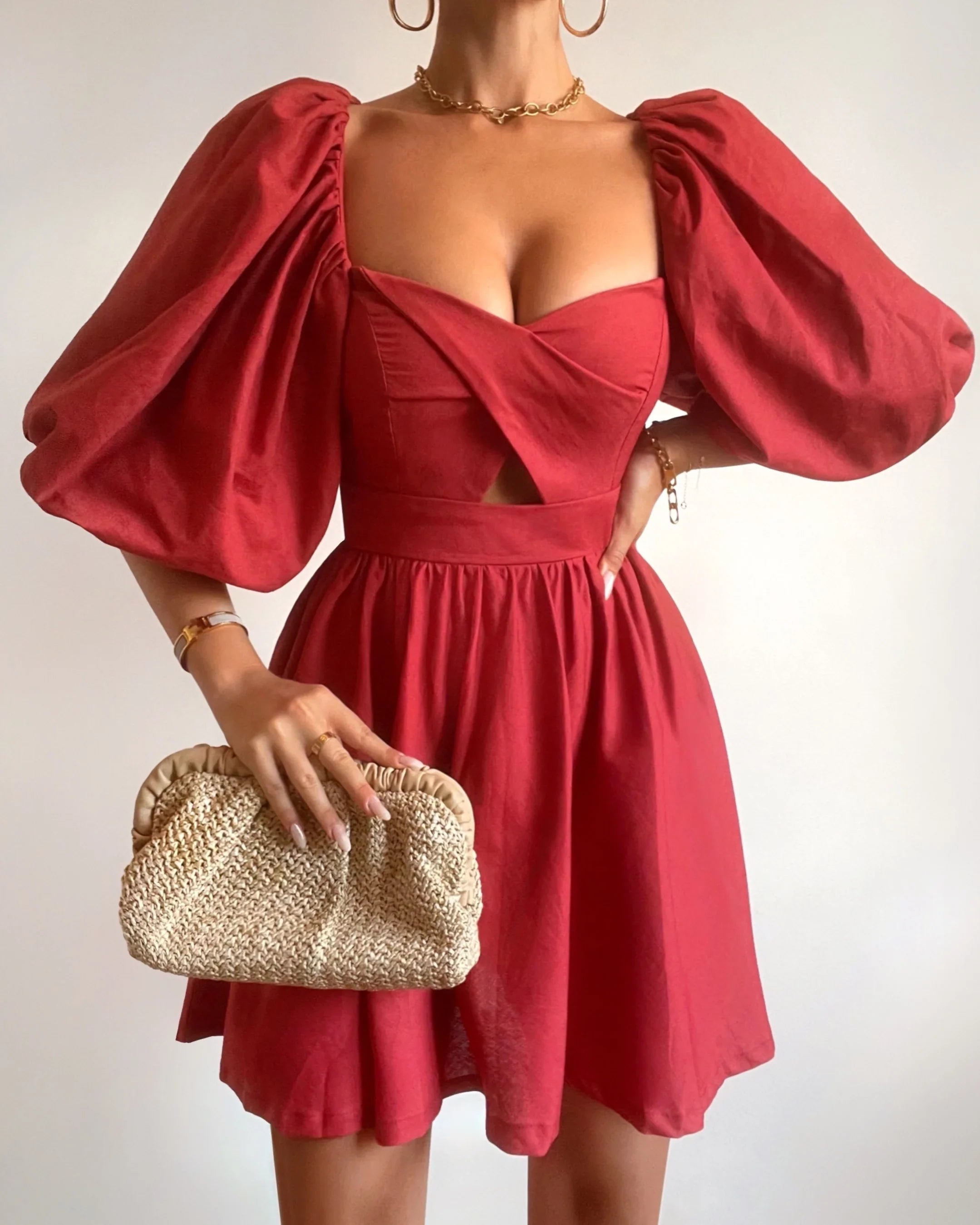 Amalie The Label - Penelopia Linen Look Blend Puff Sleeve Twist Bodice Mini Dress - In Vermilion