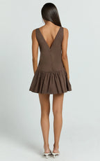 Virginia Mini Dress - Dropped Waist Gathered Mini Dress in Chocolate
