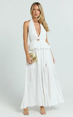 Heidi Midi Dress - Deep V Plunge Halter Neck Brooch Detail Split Skirt Dress in White