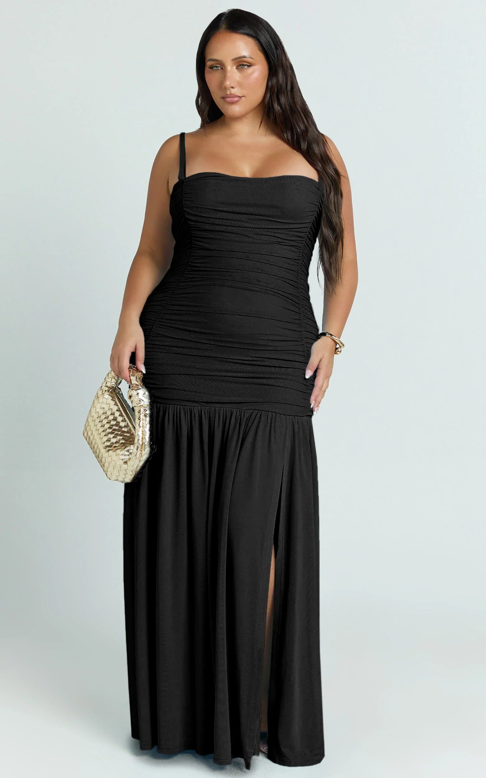 Cardi Maxi Dress - Ruched Mesh High Leg Split Dress in Black