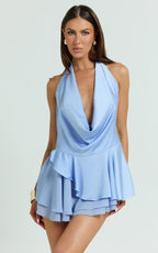 Tanisha Mini Dress - Halter Cowl Neck Asymmetrical Skirt Dress in Icy Blue