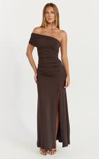 Opal Maxi Dress - Off Shoulder Gathered Bodice Fit And Flare Dress in Dark Chocolate