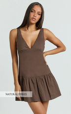 Virginia Mini Dress - Dropped Waist Gathered Mini Dress in Chocolate
