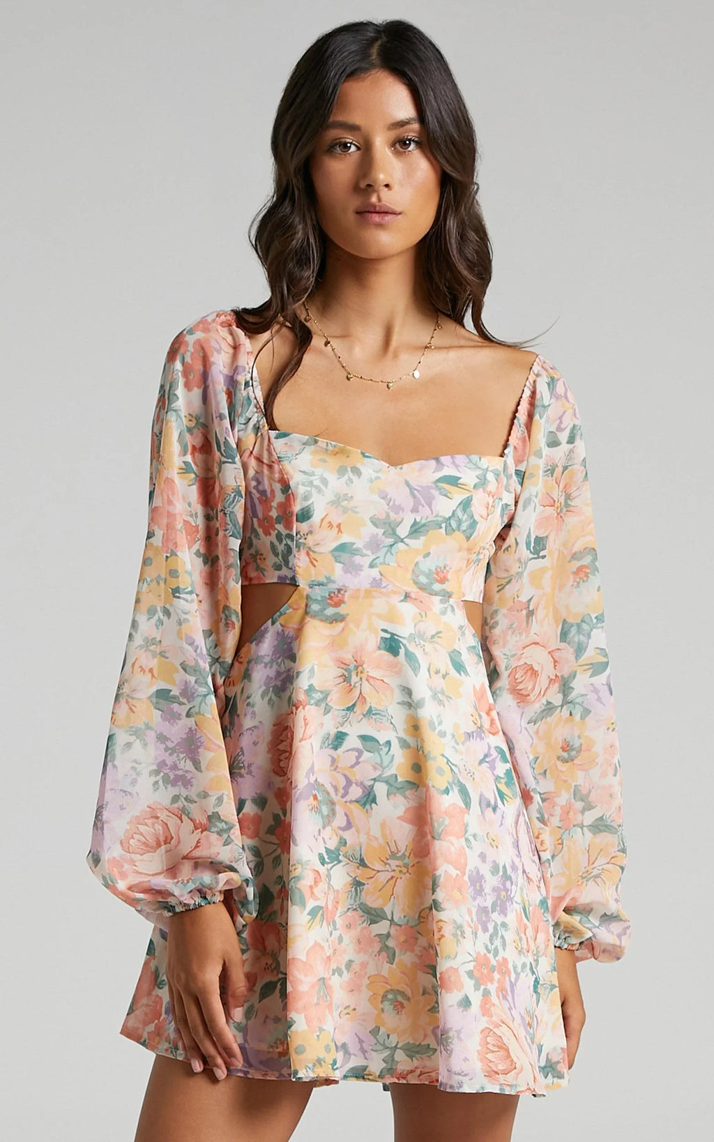 Ebonee Mini Dress - Puff Sleeve Cut Out Dress in Flower Crown