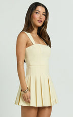 Wallace Mini Dress - Square Neck Wide Strap Drop Waist Pleated Dress in Lemon
