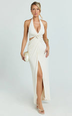 Cleo Maxi Dress - Halter Neck Floral Trim Cut Out Fitted Dress in Ivory