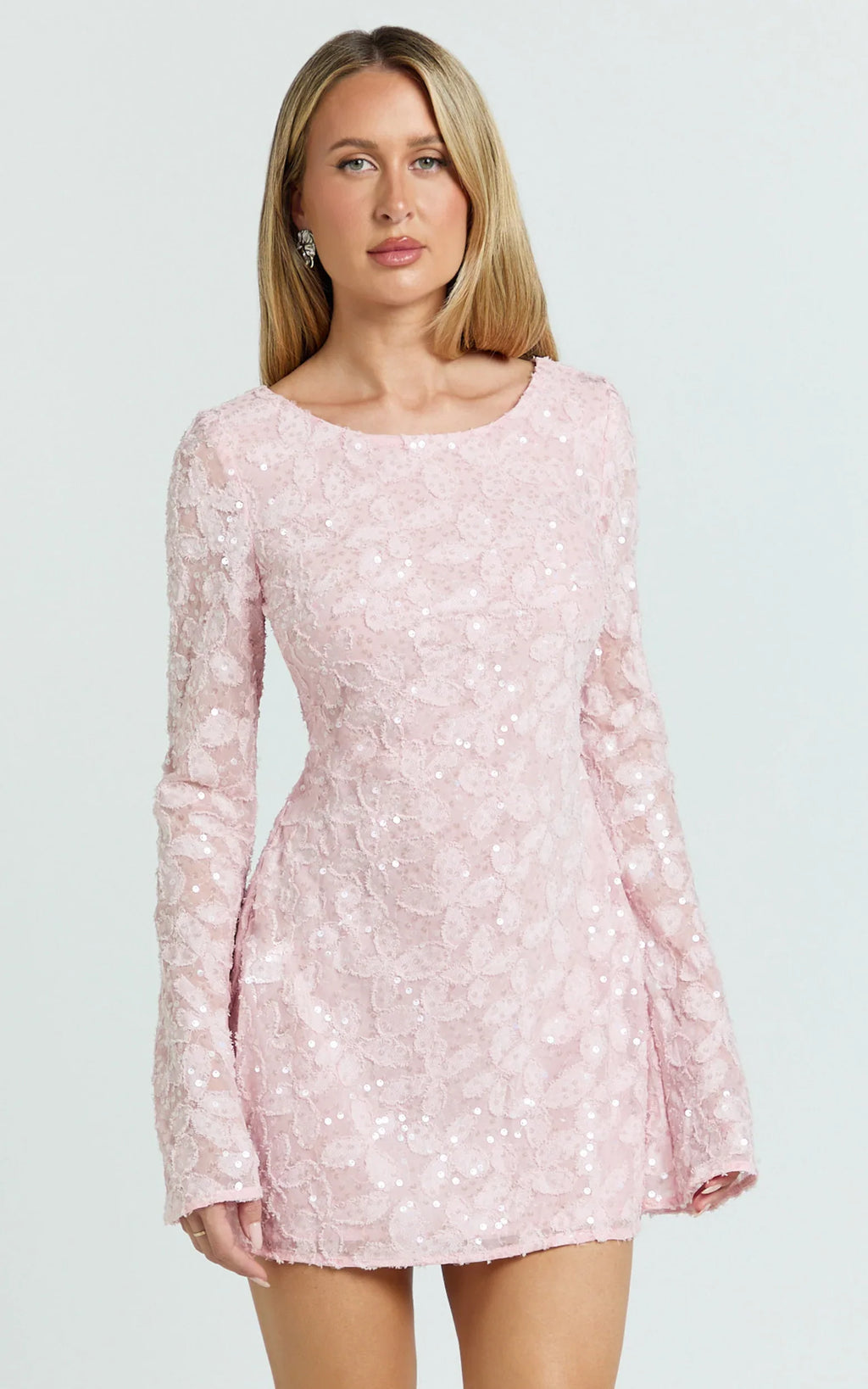 Terri Mini Dress - Long Sleeve Cowl Back Neck Dress in Pale Pink