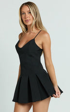 Samara Mini Dress - V Neck Fit And Flare Pleated Dress in Black