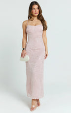 Elysia Midi Dress - Sequin Straight Neck Tie Back Dress in Pale Pink
