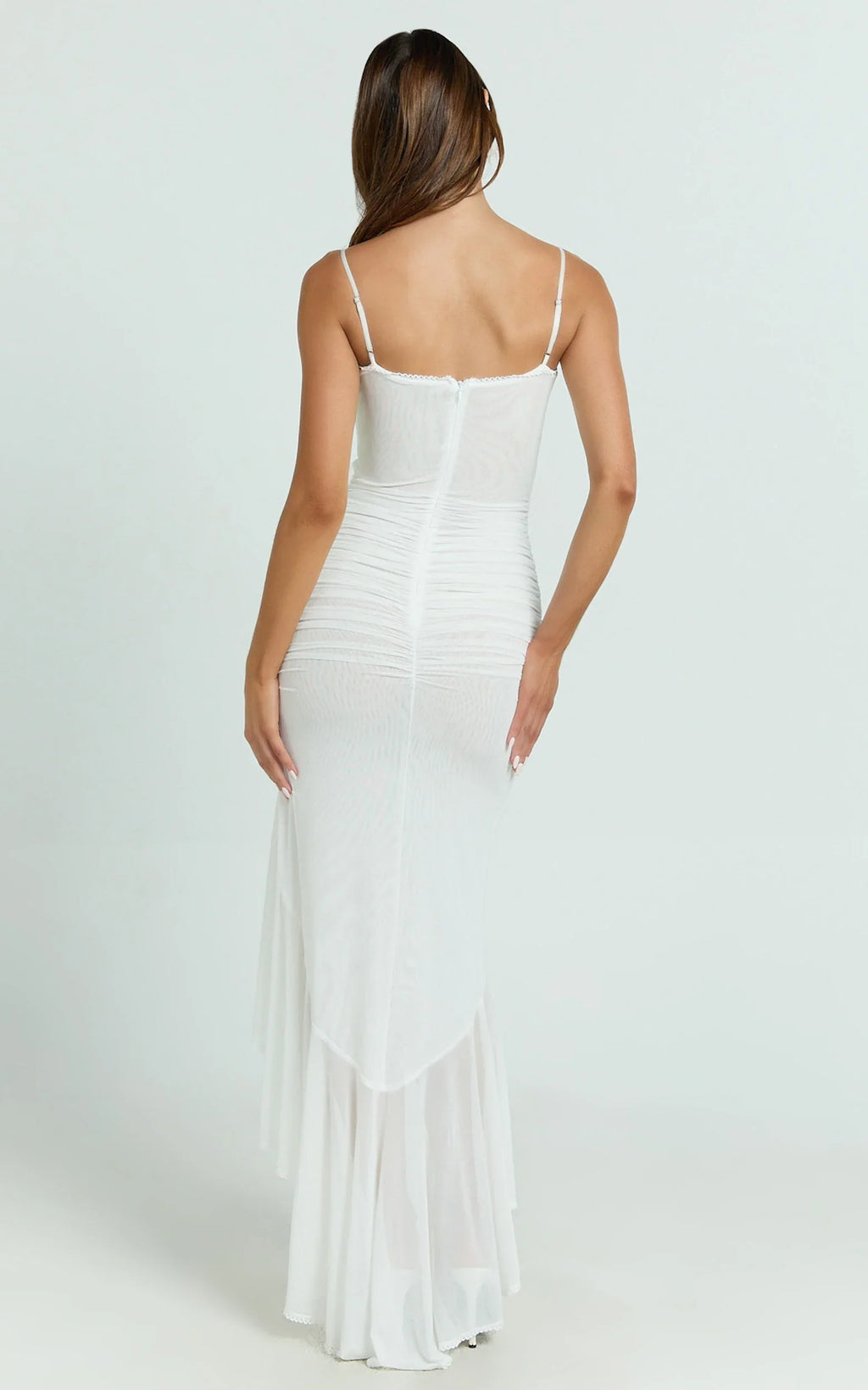 Brionna Maxi Dress - Lace Neck Ruched Ruffle Hem Dress in White