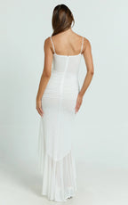 Brionna Maxi Dress - Lace Neck Ruched Ruffle Hem Dress in White