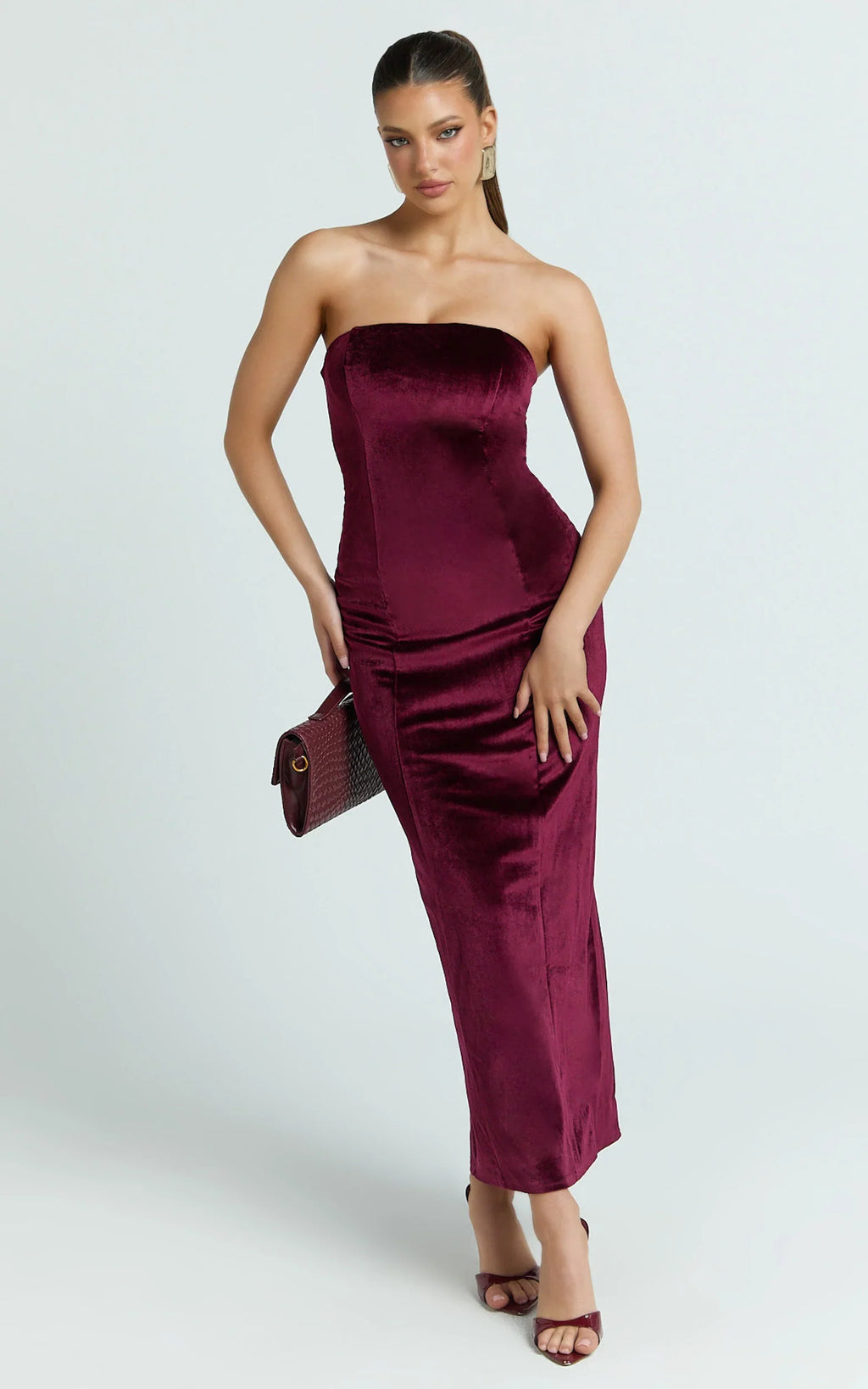 Cartia Midi Dress - Velvet Strapless Bodycon Dress in Wine
