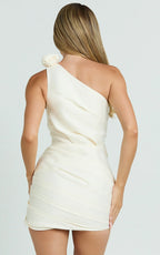 Sheeran Mini Dress - One Shoulder Rose Gathered Dress in Cream