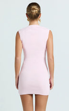 Branson Mini Dress - Sleeveless Button Down Knitted Dress in Plain Pink
