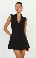 Jacinta Mini Dress - Sleeveless Button Front Tulip Dress in Black