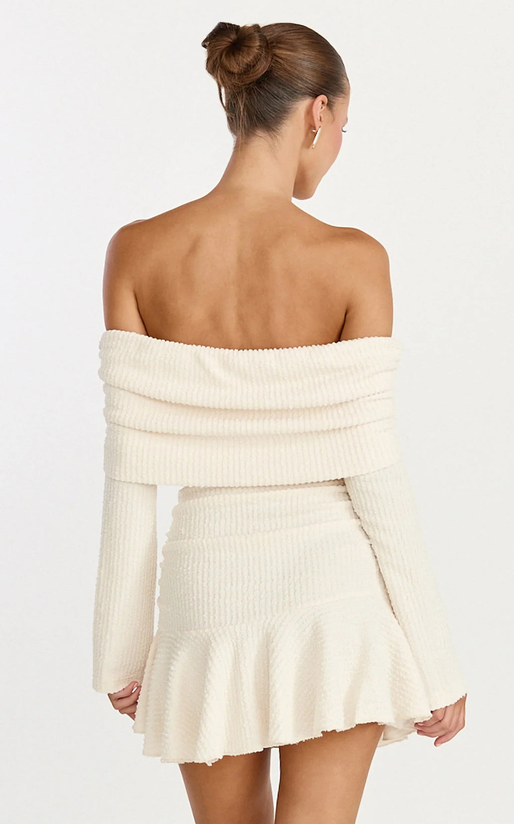 Maeve Mini Dress - Off Shoulder Long Sleeve Fit And Flare Mini Dress in Cream