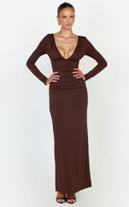 Juniper Maxi Dress - V Neckline Long Sleeve Gathered Detail Dress in Dark Chocolate