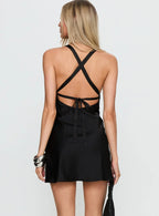 Rosabelle Halter Satin Mini Dress Black