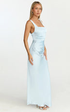 Rumi Maxi Dress - Ruched Bodice Satin Dress in Pale Blue