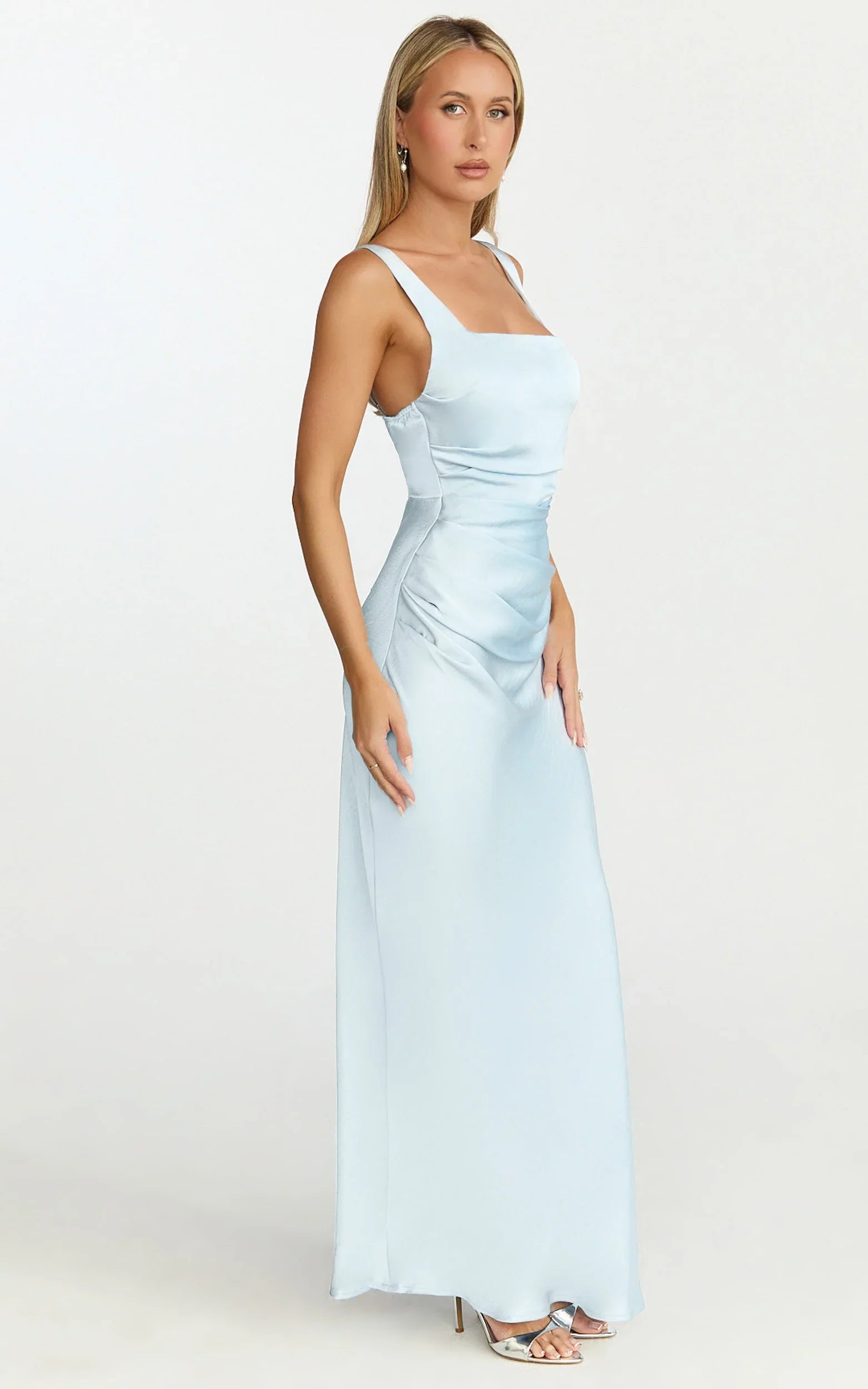 Rumi Maxi Dress - Ruched Bodice Satin Dress in Pale Blue