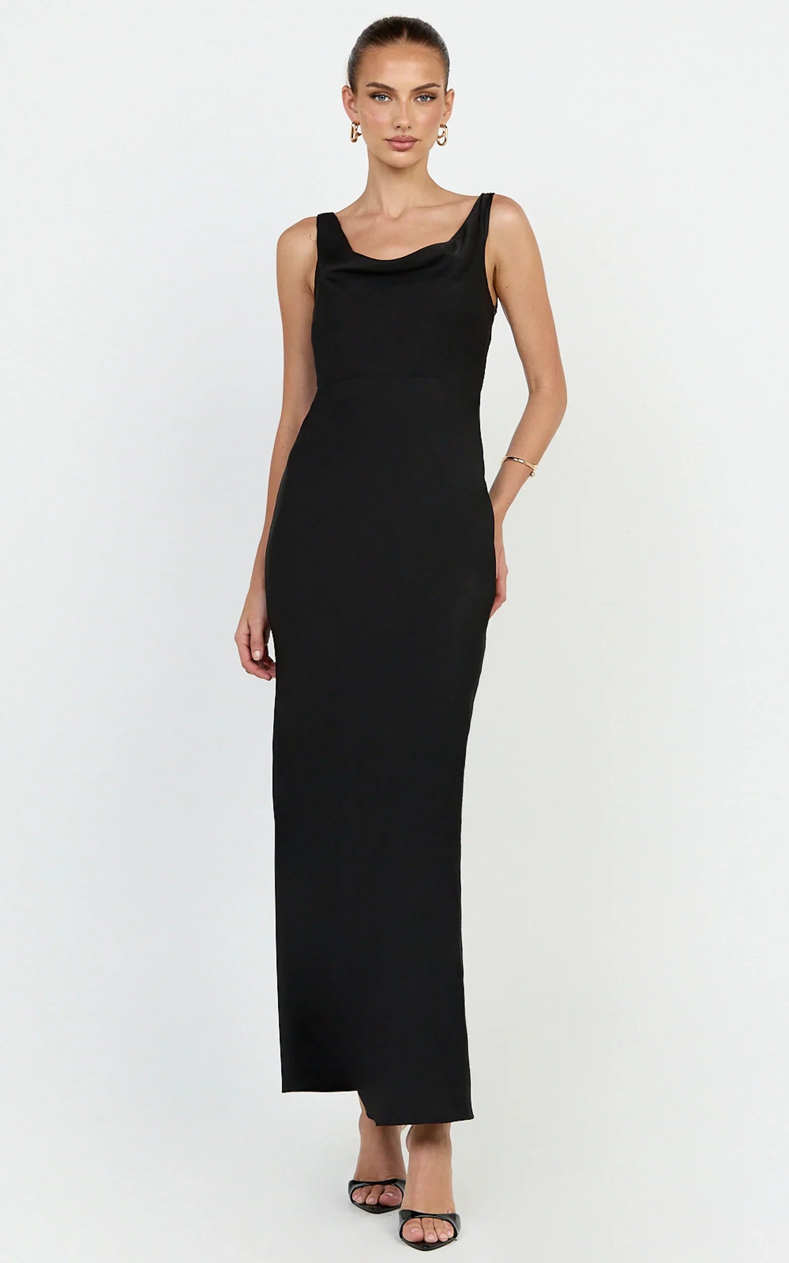 Harlow Maxi Dress - Cowl Neck Scooped Back Slip Dress in Black