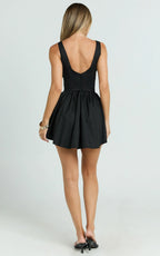 Ashlyn Mini Dress - Scoop Neck V Waist Gathered Dress in Black
