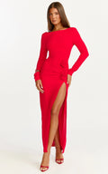Vivienne Midi Dress - Boat Neck Long Sleeve Rosette Detail Dress in Red