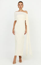 Elina Maxi Dress - Off Shoulder Contrast Mesh Draped Overlay Dress in Cream