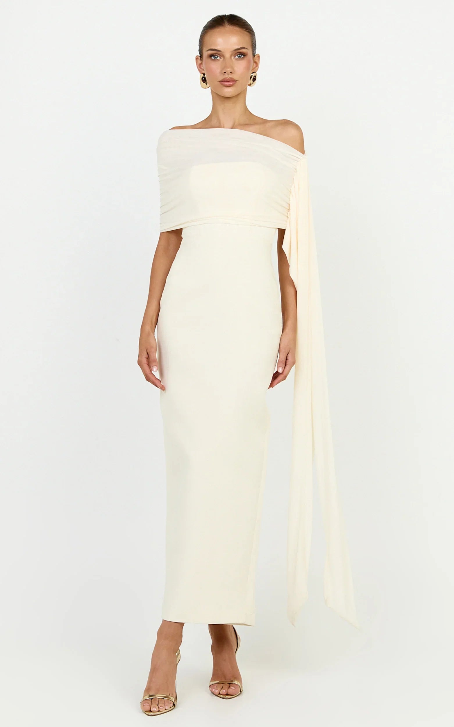 Elina Maxi Dress - Off Shoulder Contrast Mesh Draped Overlay Dress in Cream