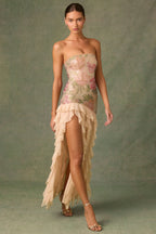 Embellished Ruffle-Trim Strapless Gown in Rose Hotfix