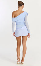 Cyra Mini Dress - Long Sleeve Drape Overlay Dress in Blue
