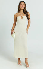 Blaire Midi Dress - Strappy Ruched Front Column Fitted Textured Jersey Dress in Off White