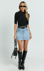Tilda Top - High Neck Short Sleeve Fitted Top in Black