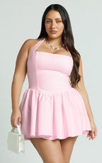 Helda Mini Dress - Halter Tie Neck Corset Panel Dress in Pink
