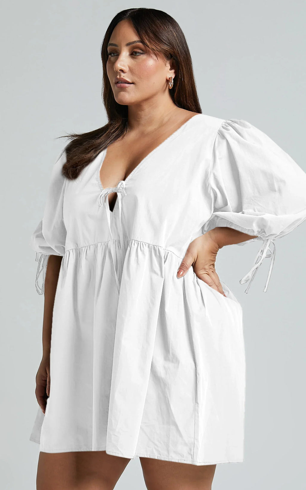 Rosita Mini Dress - Tie Front Puff Sleeve Dress in White