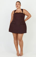 Garrett Mini Dress - Square Neck Fit And Flare Dress in Dark Chocolate