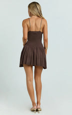 Shailene Mini Dress - Chain Strap V Neck Knitted Dress in Chocolate