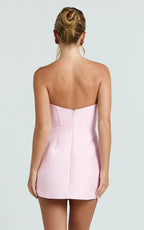Dolores Mini Dress - Strapless Plunge Bodycon Leg Split Dress in Baby Pink
