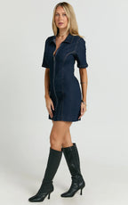 Tessie Mini Dress - Zip Front Collared Denim Mini Dress in Rinse Blue