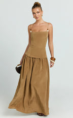 Edie Maxi Dress - Straight Neck Gathered Drop Waist Dress in Brown