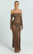 Velma Maxi Dress - Jersey Long Sleeve Off Shoulder Twist Skirt Dress in Brown