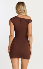 Vilma Mini Dress - One Shoulder Bodycon Dress in Chocolate