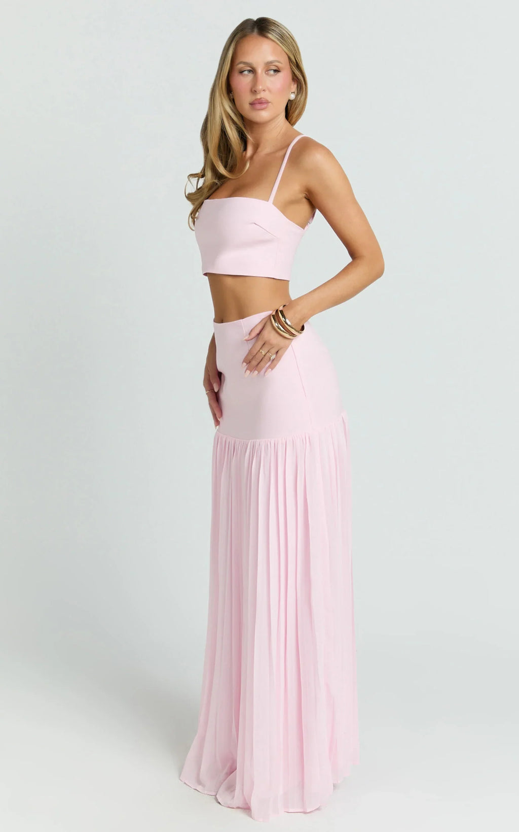 Rowan Two Piece Top and Skirt Set - Square Neck Crop Top and High Waist Pleated Maxi Skirt Set in Pink