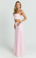 Rowan Two Piece Top and Skirt Set - Square Neck Crop Top and High Waist Pleated Maxi Skirt Set in Pink